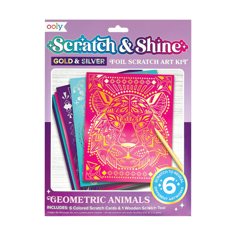 scratch and shine foil scratch art kit - geometric animals