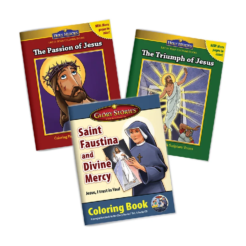 3 Coloring Book Set: Palm Sunday, Easter, & Divine Mercy Sunday