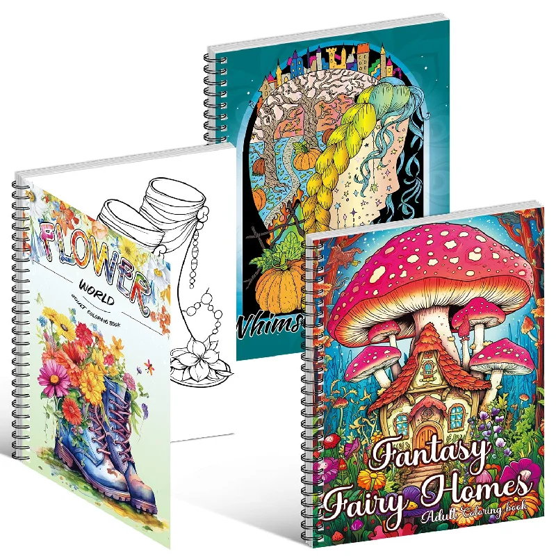 Adult Coloring Books Set:3 Coloring Books for Flower World,Whimsical Universe,Fantasy Fairy Homes.Coloring Books for Adults to Relax and Relieve Anxiety