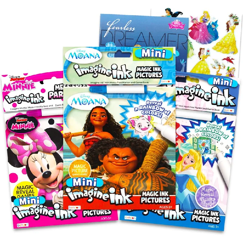 Disney Princess Magic Ink Coloring Book Set - Bundle of 3 Imagine Ink Books for Girls Kids Toddlers Featuring Disney Princess, Moana, and Minnie Mouse with Invisible Ink Pens and Stickers