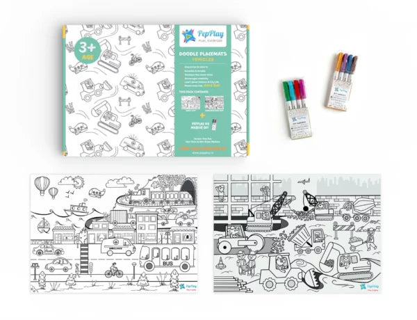 Doodle Placemats Set – VEHICLE Series with A3 Size 2 Transparent Reusable Placemat & 8 set of DIY Marker Pens