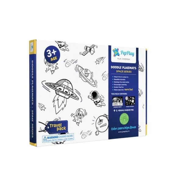 Doodle Placemats Travel Set – SPACE Series with A4 Size 2 Doodle Sheets, 6 Fine Tip, Wet Erase DIY Marker Pens