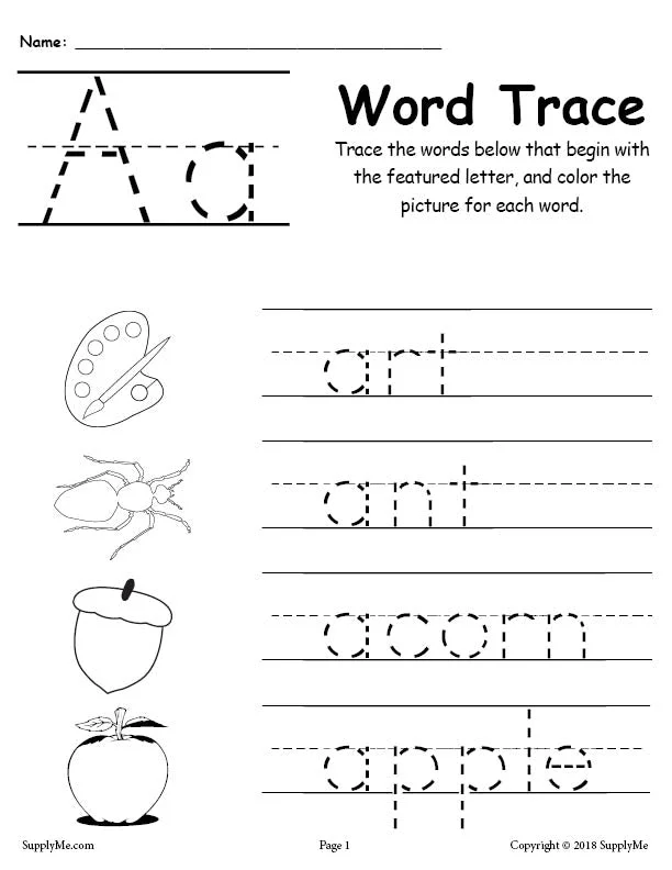 FREE Letter A Words - Alphabet Tracing Worksheet