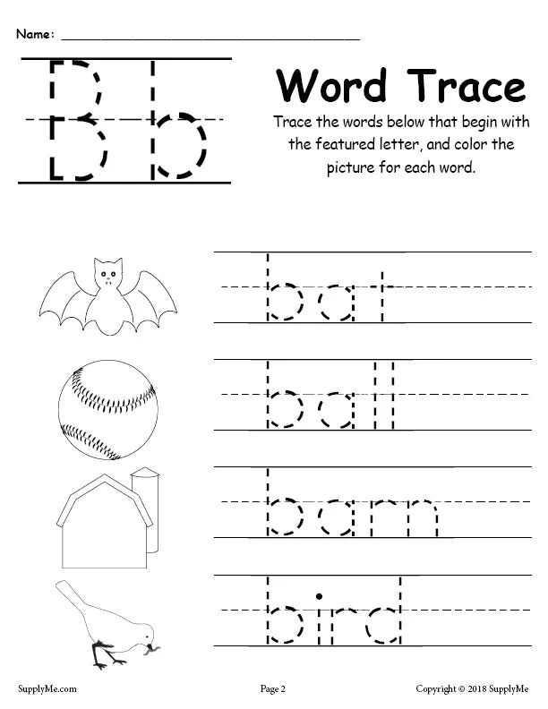 FREE Letter B Words - Alphabet Tracing Worksheet