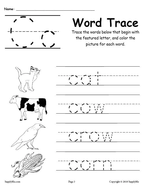 FREE Letter C Words - Alphabet Tracing Worksheet