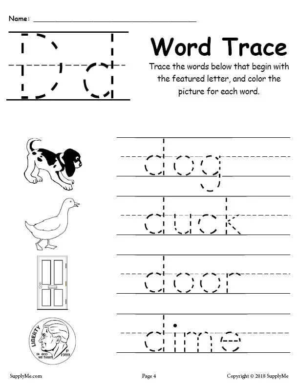 FREE Letter D Words - Alphabet Tracing Worksheet