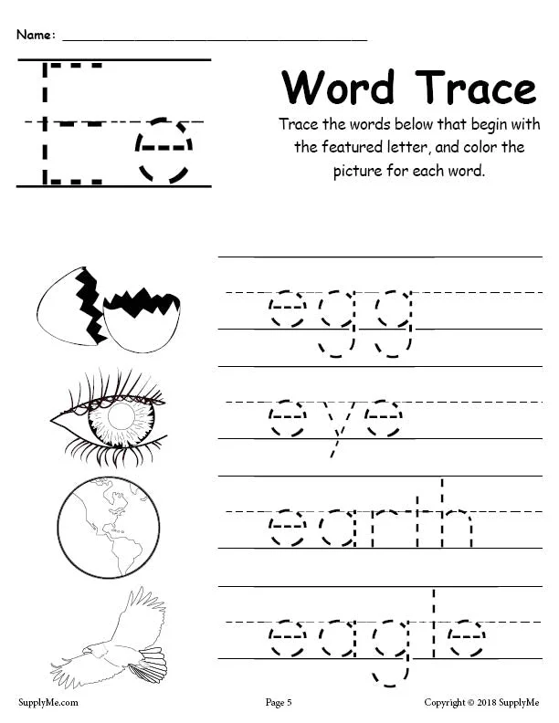 FREE Letter E Words - Alphabet Tracing Worksheet