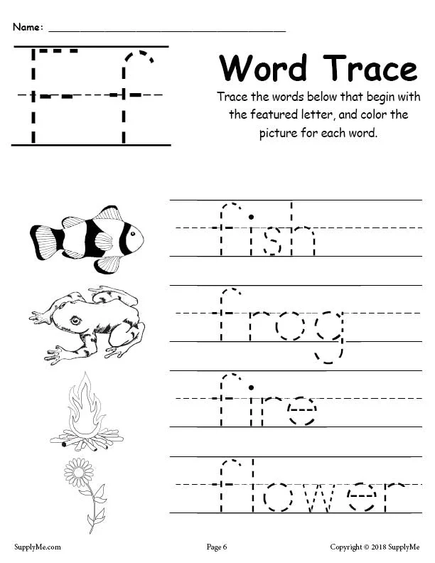 FREE Letter F Words - Alphabet Tracing Worksheet