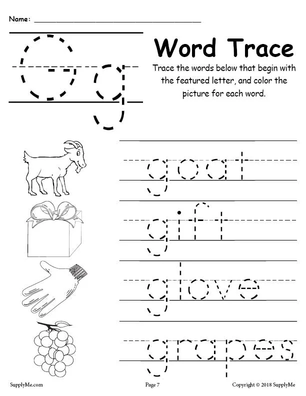 FREE Letter G Words - Alphabet Tracing Worksheet