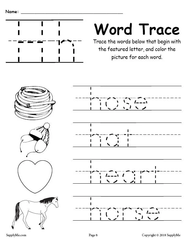 FREE Letter H Words - Alphabet Tracing Worksheet