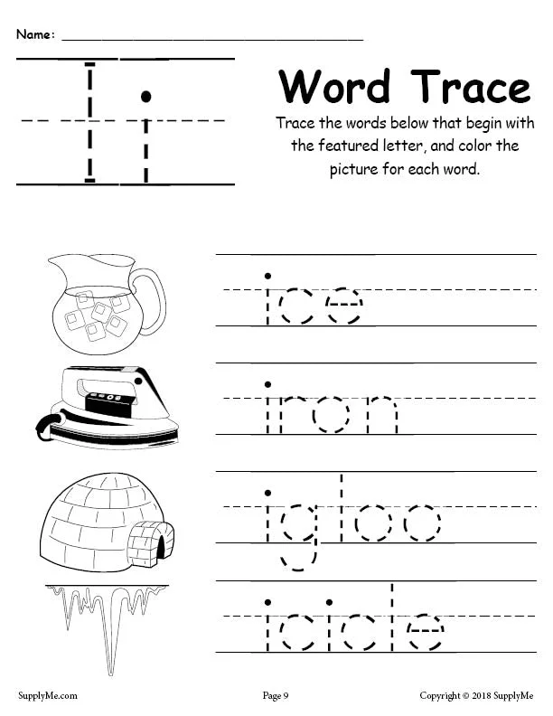 FREE Letter I Words - Alphabet Tracing Worksheet