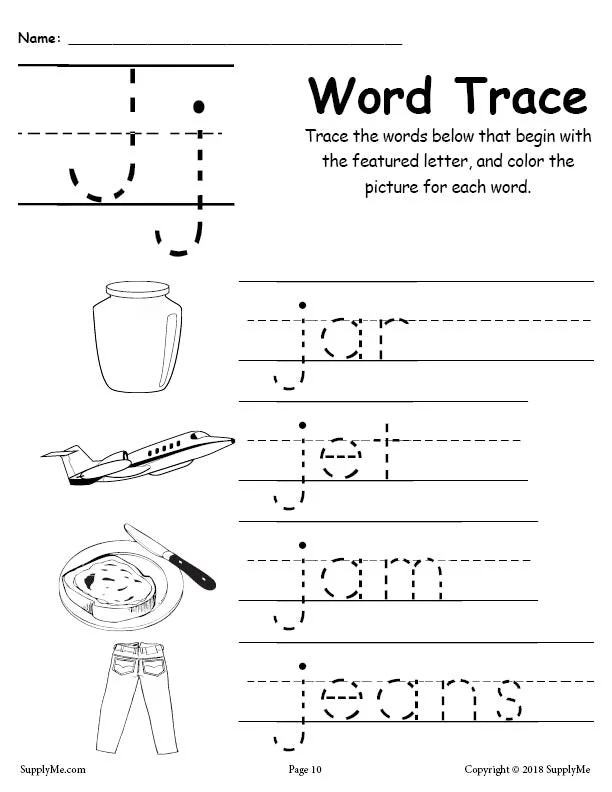 FREE Letter J Words - Alphabet Tracing Worksheet