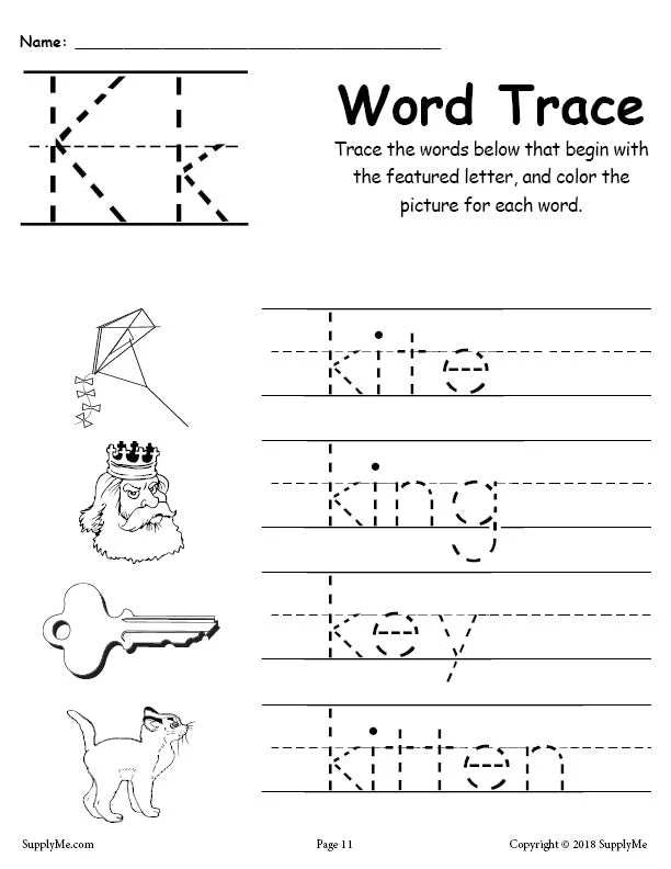 FREE Letter K Words - Alphabet Tracing Worksheet