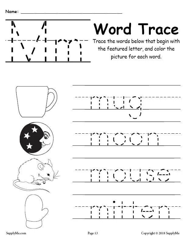 FREE Letter M Words - Alphabet Tracing Worksheet