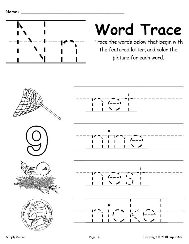 FREE Letter N Words - Alphabet Tracing Worksheet