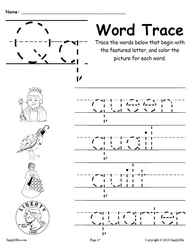 FREE Letter Q Words - Alphabet Tracing Worksheet