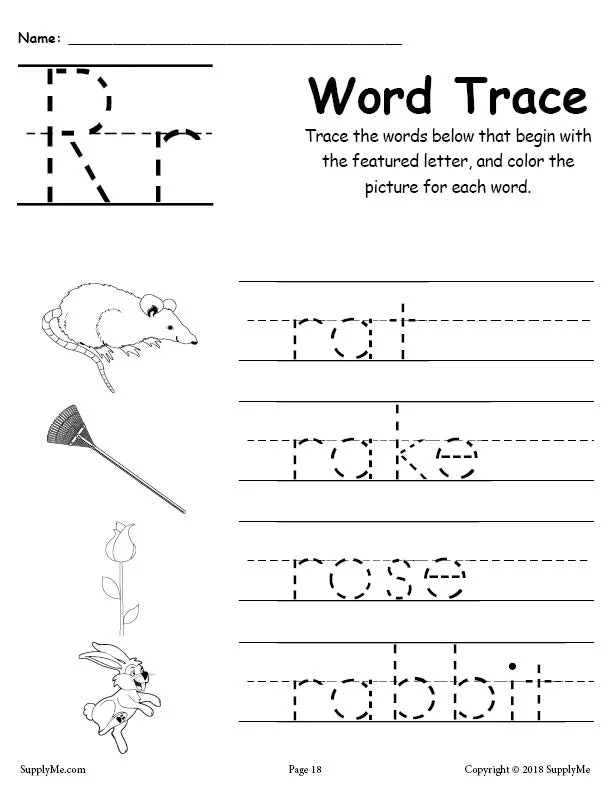 FREE Letter R Words - Alphabet Tracing Worksheet