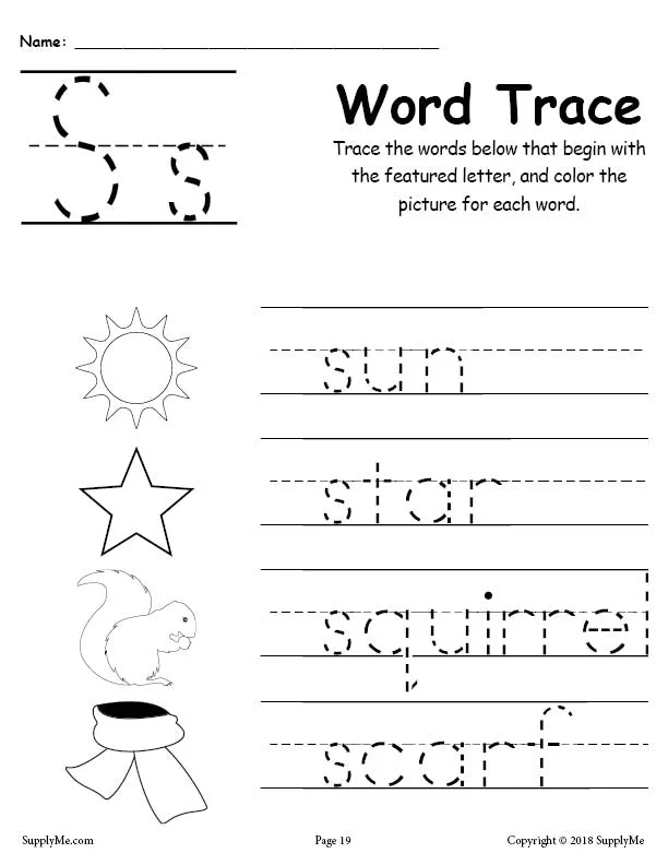 FREE Letter S Words - Alphabet Tracing Worksheet