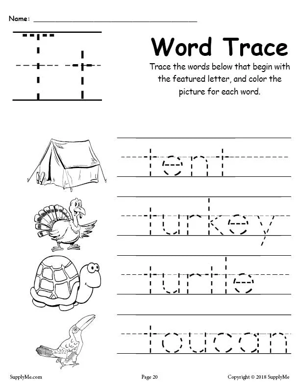 FREE Letter T Words - Alphabet Tracing Worksheet