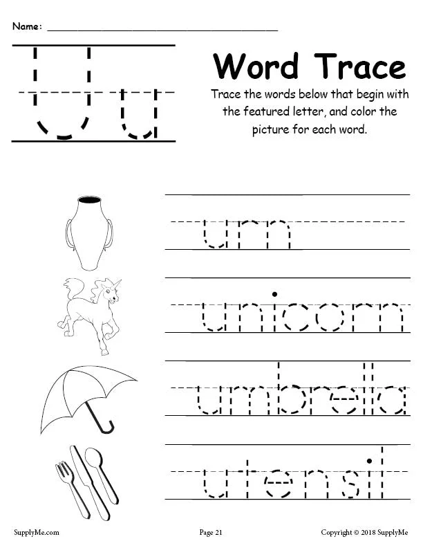 FREE Letter U Words - Alphabet Tracing Worksheet