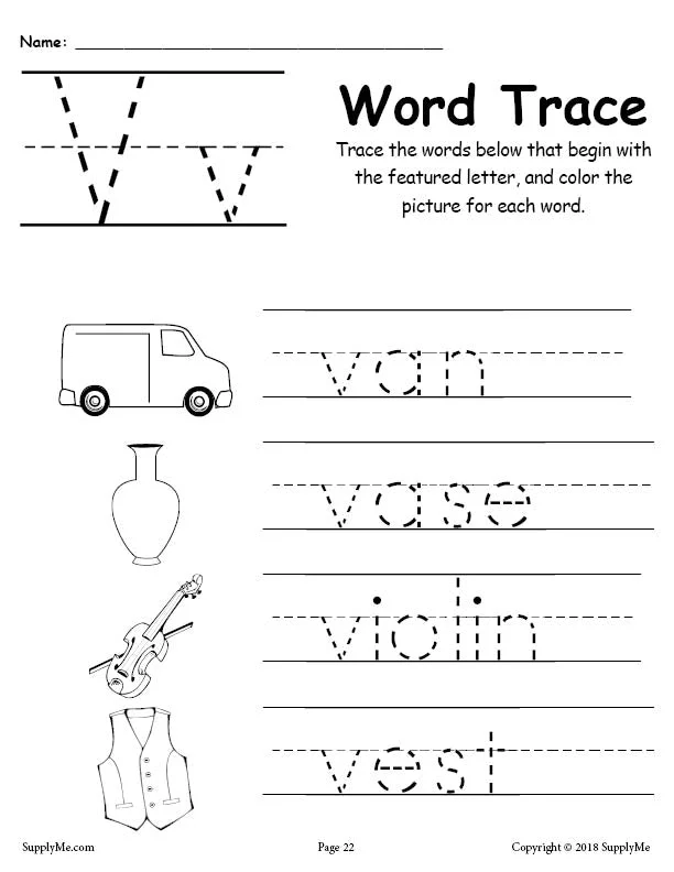 FREE Letter V Words - Alphabet Tracing Worksheet