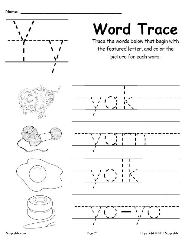 FREE Letter Y Words - Alphabet Tracing Worksheet