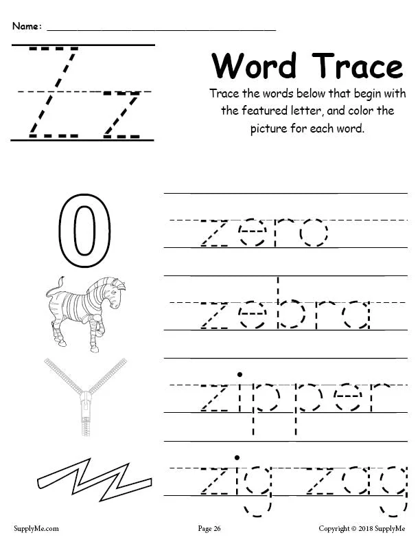 FREE Letter Z Words - Alphabet Tracing Worksheet