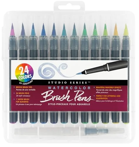 Studio Series Watercolor Brush Marker Pens (Set of 24 pens, plus bonus water brush), Great for Hand Lettering, Calligraphy, Manga, Comics, Adult